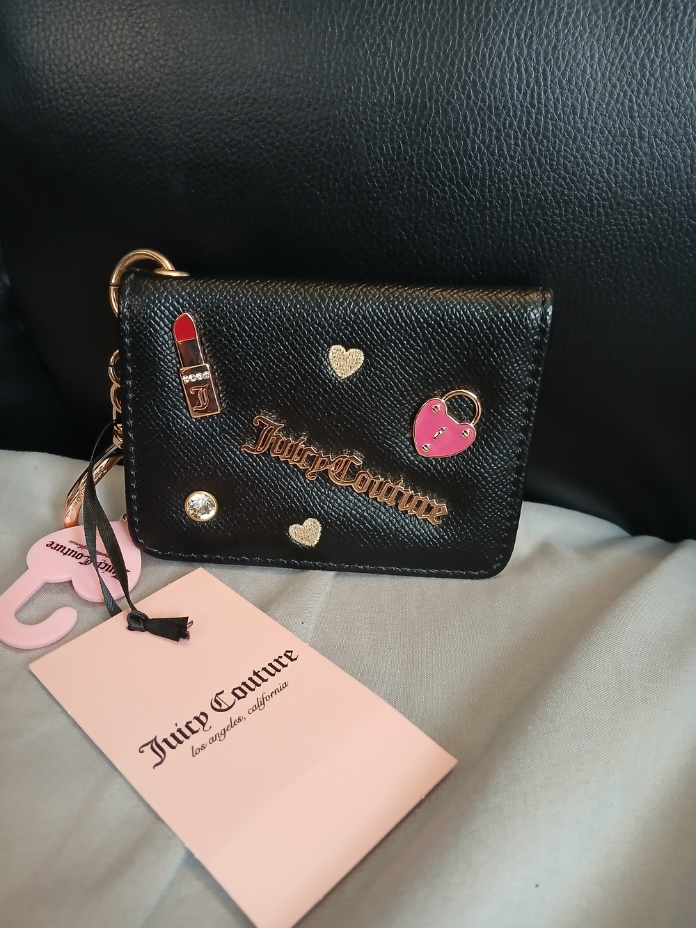 Juicy Couture Black Card Holder with Pink Logo Window and Gold Heart Charm